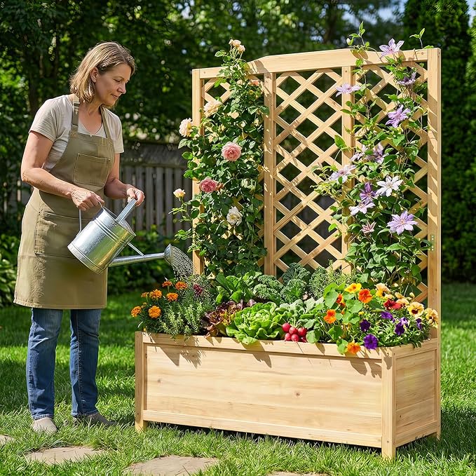 DoCred Raised Garden Bed with Trellis, 44" L x 16" W x 59" H Freestanding Elevated Planter Box for Climbing Plants, Outdoor Wooden Privacy Screen with Garden Box for Backyard Patio Balcony Decoration