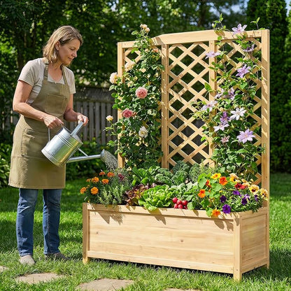 DoCred Raised Garden Bed with Trellis, 44" L x 16" W x 59" H Freestanding Elevated Planter Box for Climbing Plants, Outdoor Wooden Privacy Screen with Garden Box for Backyard Patio Balcony Decoration