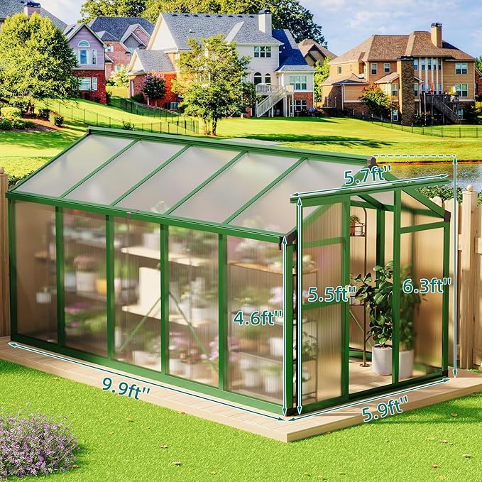 Garvee 6x10 ft Greenhouse - Aluminum Greenhouses for Outdoors, Large Polycarbonate Greenhouse with Roof Vent, Heavy Duty Walk-in Green Houses for Outside Garden, Backyard, Patio, Lawn, Easy Assembly