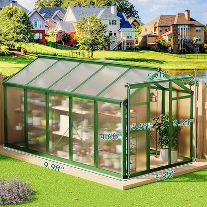 Garvee 6x10 ft Greenhouse - Aluminum Greenhouses for Outdoors, Large Polycarbonate Greenhouse with Roof Vent, Heavy Duty Walk-in Green Houses for Outside Garden, Backyard, Patio, Lawn, Easy Assembly