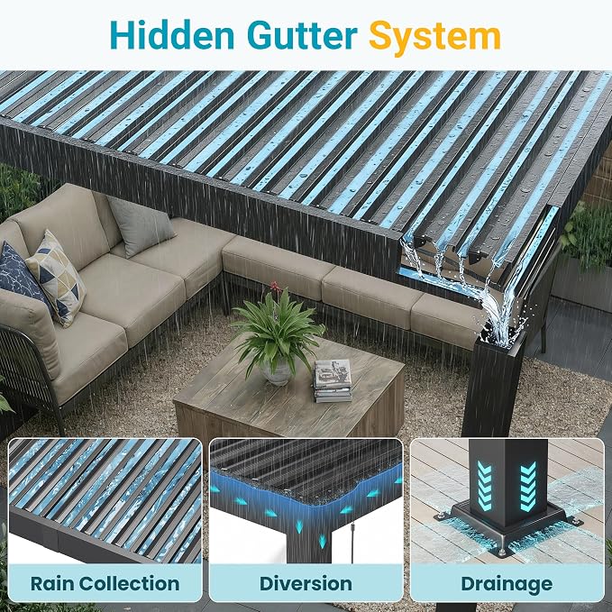 Louvered Pergola, 12' x 20' Outdoor Pergola, Aluminum Frame Patio Gazebo with Adjustable Louvers Roof & Integrated Gutter System, Outdoor Hardtop Gazebo for Patio, Backyard, Deck, Garden, Dark Gray