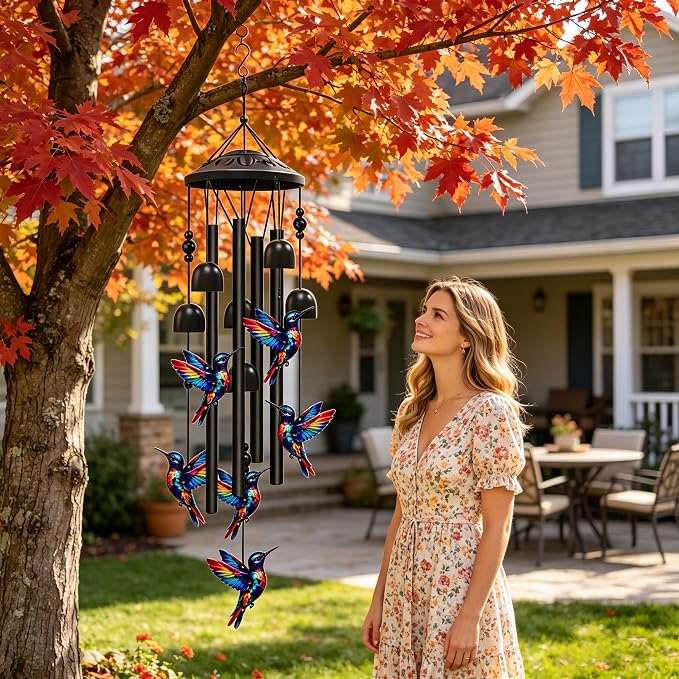 Hummingbird Wind Spinner Chimes for Outside,Black Metal Hummingbird Bereavement/Memorial,Hummingbirds Gifts for Women/Men, Garden/Yard Decor, Memorial/Birthday Gifts for Grandma/Mom