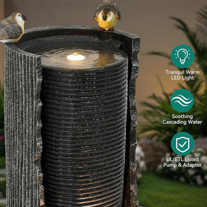 32" Cracked Jar Outdoor Water Fountain LED Bird Cascading Waterfall | 3D concrete texture, bird accents, garden patio deck,Oasis for Porch