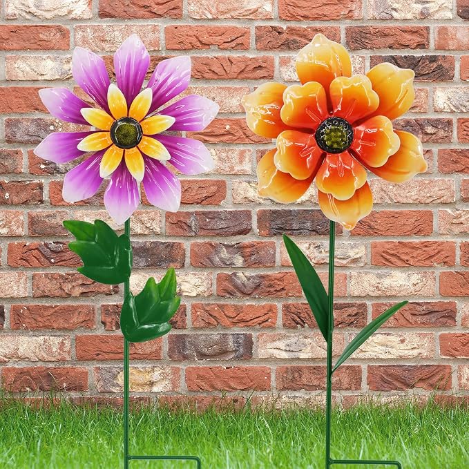 2 Pack Metal Flower Wind Spinners, Outdoor Garden Stakes with Stable H-Base, Kinetic 3D Floral Windmills for Yard, Lawn, and Pathway Decor (Orange & Purple)