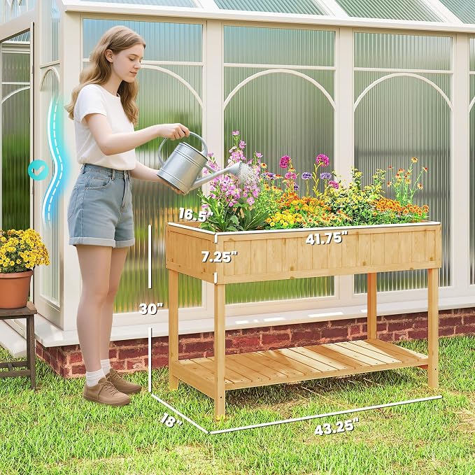 Outsunny 43x18x30in Raised Garden Bed with 8 Pockets and Shelf, Wooden Elevated Planter Box with Legs to Grow Herbs, Vegetables, and Flowers, Natural