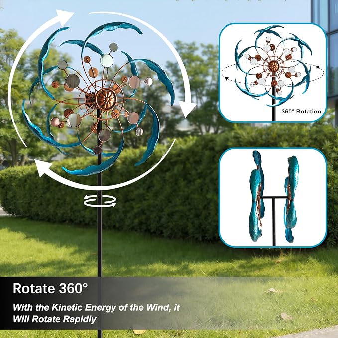 Senfalme Wind Spinners Outdoor Metal 360° Rotating, Large Double-Layer Metal Windmill for Yard with Stake, Wind Spinners for Yard and Garden, Lawn, Patio (60"×14")