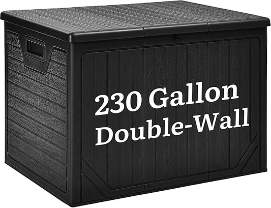 YITAHOME XXL 230 Gallon Extra Large Outdoor Deck Box | Lockable Resin Double-Wall Storage Box and Waterproof Patio Furniture Bin for Garden Tools & Pool Accessories, Black