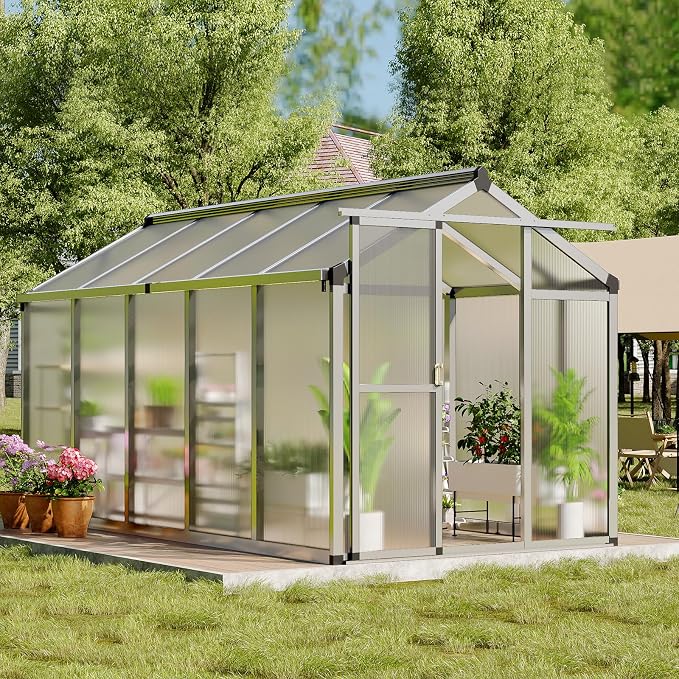 Garvee 8 X 12 Ft Greenhouse, Greenhouses for Outside, Polycarbonate Greenhouse with Aluminum Frame, Lockable Door and Ajustable Roof Vent for Backyard, Green Houses for Outside Garden Backyard, Patio