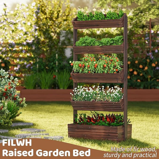 Wooden Raised Garden Bed Vertical Planter Box, Freestanding Plant Stand for Indoor Outdoor Plants, Herbs, Flowers, Vegetables, Gardening (Carbonized, 5-Tier，29.9 x 17.9 x 68in)