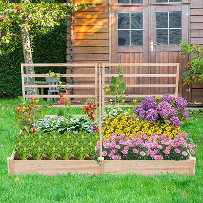 Giantex Raised Garden Bed with 3 Trellises, 88"x45"x43" Wooden Planter Box with 2 Growing Section, Outdoor Elevated Garden Bed for Vegetables Flowers Herbs & Climbing Plants Cucumber, Easy Assembly