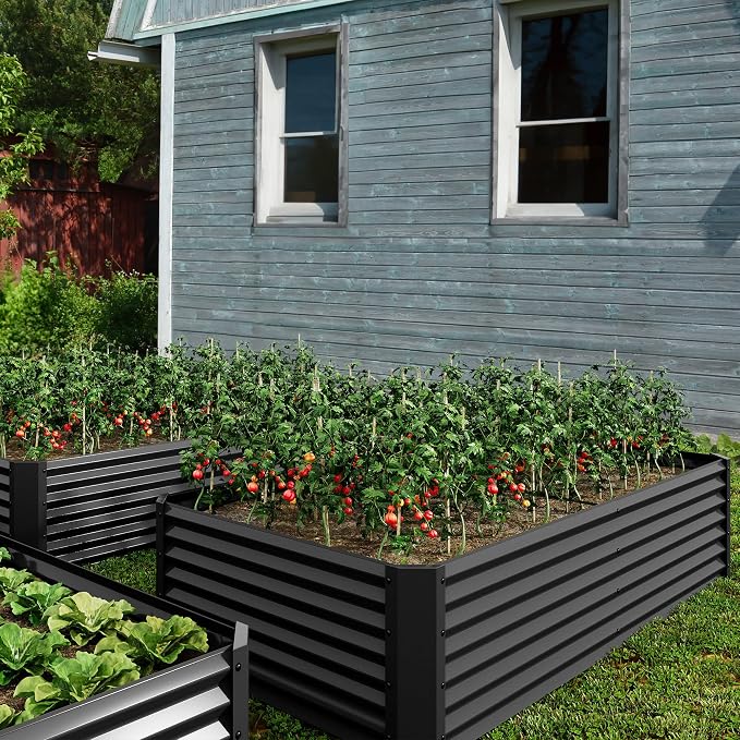 DWVO 2pcs 8 x 4 x 1.5 FT Raised Garden Bed Kit, Outdoor Galvanized Flower Bed with Safety Rubber and Gloves, Large Metal Planter Box for Vegetables, Flowers, Herbs, Fruits, Black