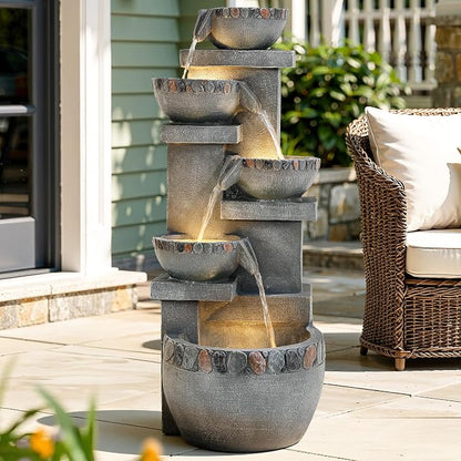 33" H 4-Tier Pebble Textured Fountain Outdoor with Warm LED Lights | Modern Water Feature Outdoor with Soothing Cascading Waterfall for Patio, Backyard, Garden or Porch