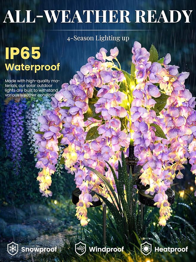 GIGALUMI Solar Lights Outdoor for Garden Decor, 3 Pack Solar Flower Lights Waterproof, 2 Lighting Modes Wisteria for Pathway,Yard, Patio Decoration, Gardening Gifts for Women (Purple)