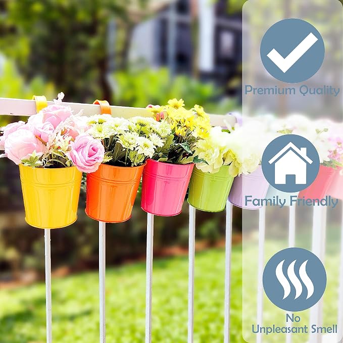LaLaGreen Colorful Rail Planter (4 in, 10 Pack) Metal Fence Railing Pot | Rail planters for balcony, apartment, patio, porch, deck, over rail, herb, succulent, flower boxes, outdoor plants