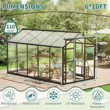 Garvee 6x10ft Walk-in Greenhouse, Heavy Duty Large Outdoor Green House | Polycarbonate Garden Greenhouse with Roof Vent, Lockable Smooth-Gliding Sliding Door & Aluminium Frame for Backyard, Grey