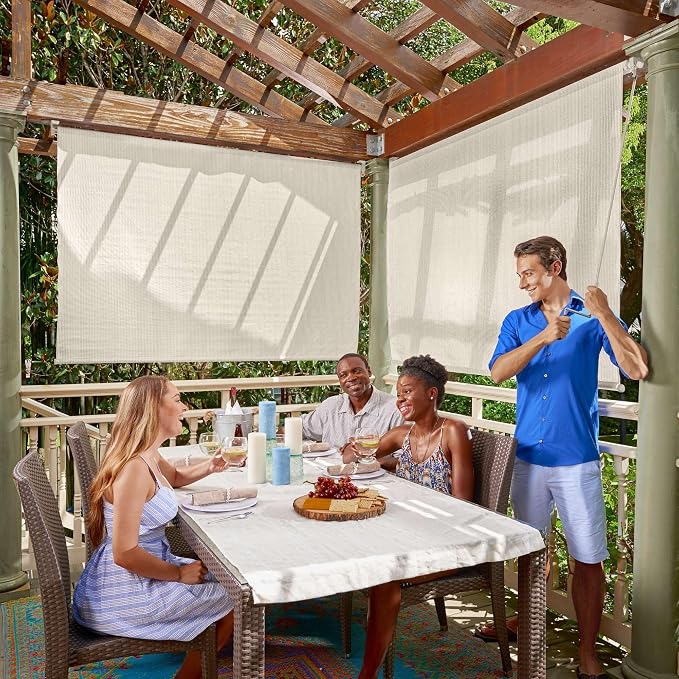Coolaroo Outdoor Roller Shade with Wand - 95% UV Block Breathable Light Filtering Shade for Patio or Porch, Fade-Resistant, Easy-Clean Fabric, 8ft x 8ft, Pebble