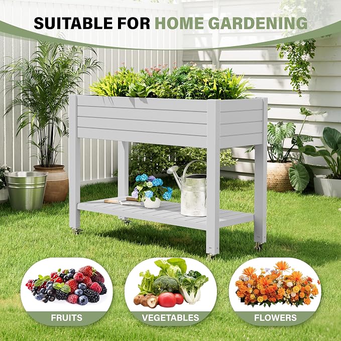 Elevate 33.7" Tall Raised Garden Bed with Wheels, Divisible Resin Planter Box with Drainage Gauge & Storage Shelf, Herb Planter for Garden Patio Backyard, Ashen (33.7" h)