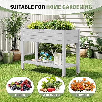 33.7" Tall Raised Garden Bed with Wheels, Divisible Resin Planter Box with Drainage Gauge & Storage Shelf, Herb Planter for Garden Patio Backyard, Medium Ashen (33.7" h)