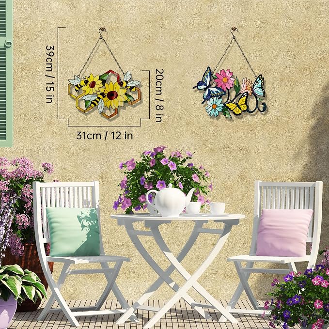 Metal Bee Wall Decor Wall Art On The Bathroom living Room Outdoor Fence Decorations With Silhouette Ornament Branch Wall Hanging Sign For Balcony Garden Decor 15" x 12" (bee flowers)