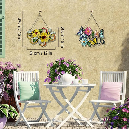 Metal Bee Wall Decor Wall Art On The Bathroom living Room Outdoor Fence Decorations With Silhouette Ornament Branch Wall Hanging Sign For Balcony Garden Decor 15" x 12" (bee flowers)
