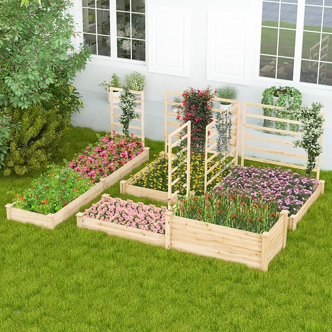COSTWAY Raised Garden Bed with 2 Planter Boxes & 3 Trellises, Outdoor Wooden Planter Kit for Flowers, Herbs, Vegetables, Fruits & Climbing Vines, Elevated Garden Planter for Patio, 88"L x 45"W x 43"H