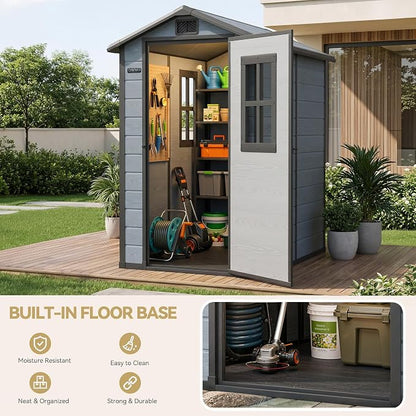 DWVO Outdoor Storage Shed 4.4×6FT, Plastic Garden Resin Shed with 2 Windows, Reinforced Floor, Door Handle, Door Lock & Vents, Outdoor Tool Shed for Backyard Patio, Stores Bike Garden Tools, Blue-Gray