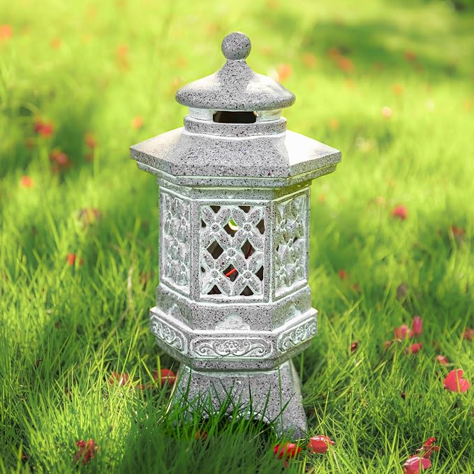 TERESA'S COLLECTIONS Pagoda Garden Statues with Solar Outdoor Light, Resin Zen Garden Lantern Asian Decor Outdoor Statues Lawn Ornaments Patio Porch Yard Decor Gifts for Mom 10.4"