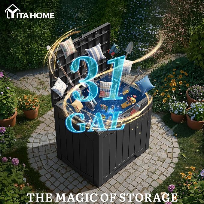 YITAHOME 31 Gallon Resin Deck Box Outdoor Storage Box and Waterproof | GardenTools, Pool Supplies, Black