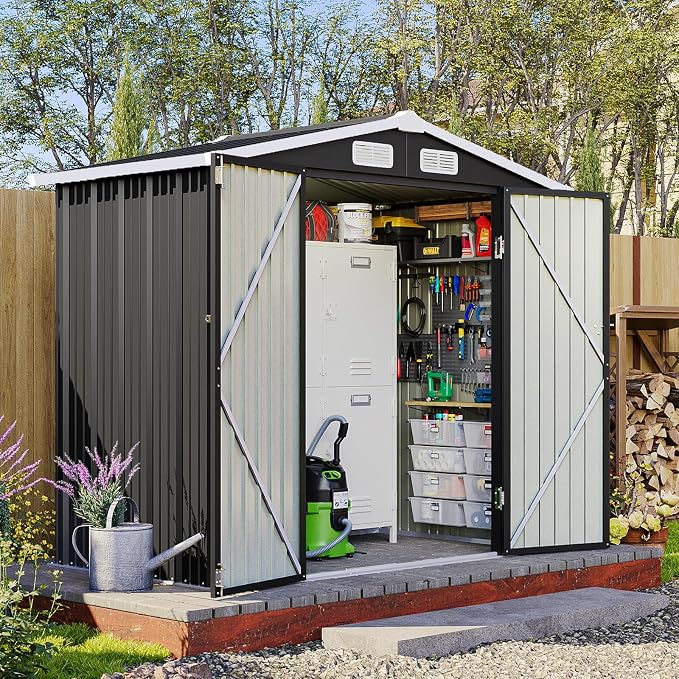 6x4FT Outdoor Storage Shed Black | Metal Garden Tool Shed with Sloping Roof & Lockable Door for Garden, Patio, Backyard