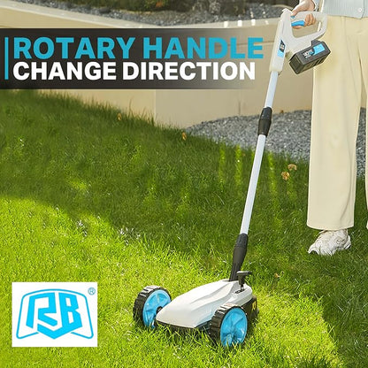 RB 40V 9" Mini Cordless Lawn Mower with Battery & Charger for Small Yards | Ultra-light with brushless motor. 3 cutting heights. One-hand steering. Upright storage for tiny spaces, small lawns, patios.