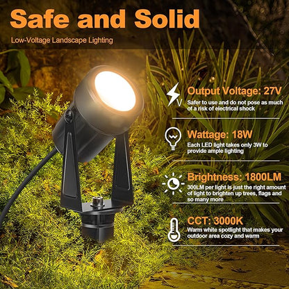 Outdoor Landscape lighting Low Voltage, 65.6FT Wired LED Spot light with Plug-in Transformer, IP65 Waterproof Outside Uplight 18W 1800LM for Yard Garden Tree Pathway House, Warm White 3000K, Pack of 6