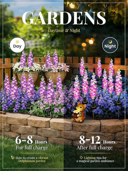 GIGALUMI Solar Lights Outdoor for Garden Decor, 2 Pack Solar Flower Lights Waterproof, 2 Lighting Modes Delphinium for Pathway,Yard, Patio, 4th of July Decoration, Gifts for Women (Purple)