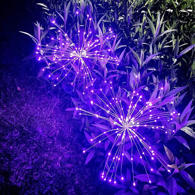 JJGoo Solar Firework Lights, 2 Pack 120 LEDs 2 Lighting Modes Solar Garden Lights Outdoor Waterproof for Yard Patio Walkway Pathway Party Wedding Christmas Decorative - Purple