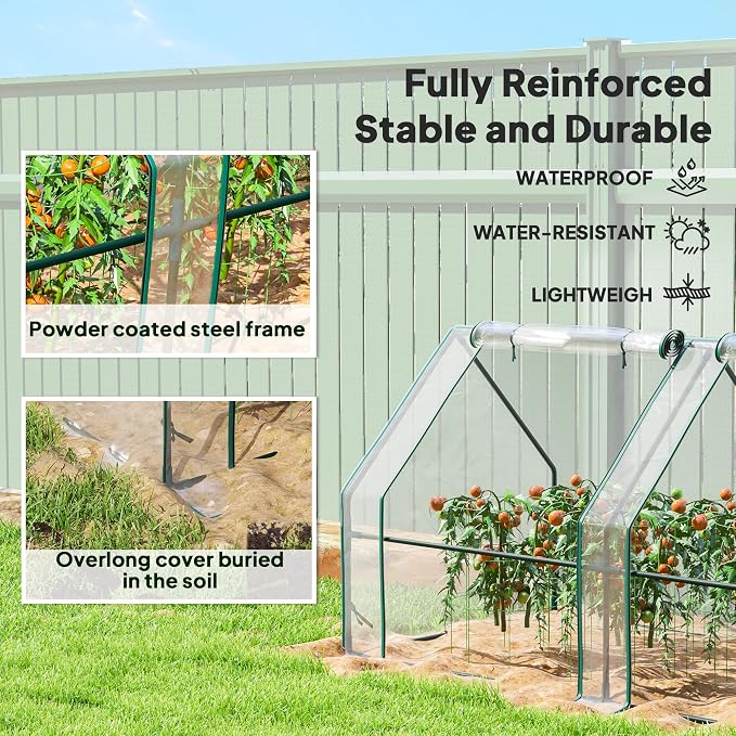 Outsunny 12' x 3' x 3'Mini Greenhouse with Zippered Doors & Roll-up Windows, Portable Plant Hot House with PVC Cover, Water Resistant, UV Protected for Outdoor Flowers, Vegetables, Clear