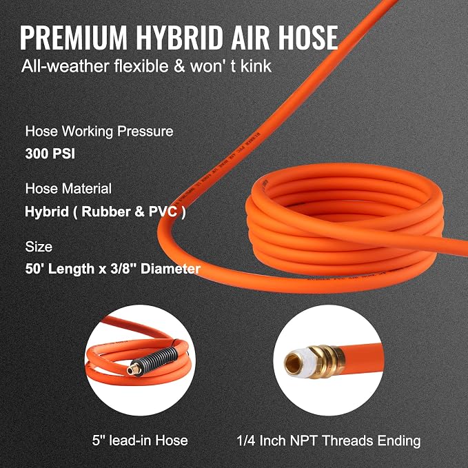 VEVOR Retractable Air Hose Reel, 3/8 IN x 50 FT Hybrid Air Hose Max 300PSI, Air Compressor Hose Reel with 5 ft Lead in, Ceiling/Wall Mount Heavy Duty Double Arm Steel Reel and Milton S-314MKIT ColorFit Coupler & Plug Kit - (M-Style, Red) - 1/4" NPT, (1...