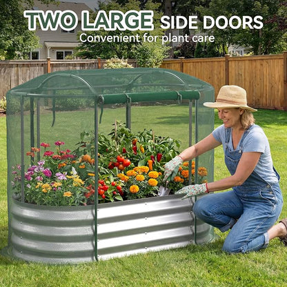 Lineware Raised Garden Bed with Self-Watering System, 4x2x1 ft Elevated Planter Boxes Outdoor with Mesh Cover, Oval Galvanized Raised Beds for Gardening,Vegetables,Flowers, Backyard, Patio