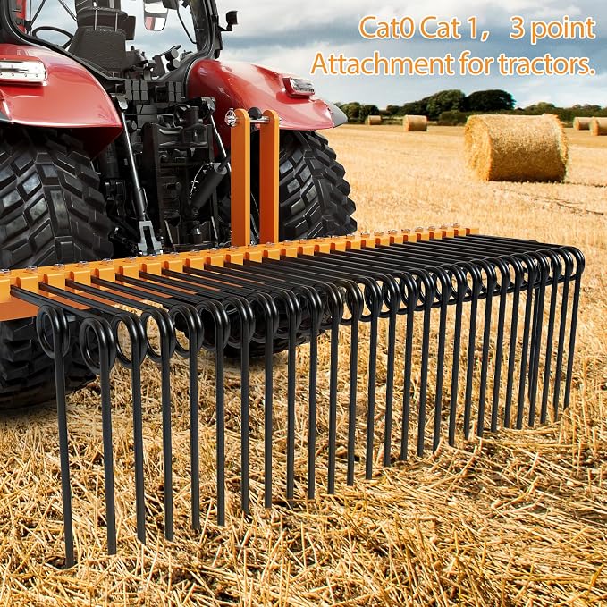 Garvee 72 Inch 3 Point Tractor Rake, Pine Straw Needle Rake | Steel Spring Landscape Rakes Durable Powder Coated Fit for Cat0,Cat1,Cat3 Tractors, Orange