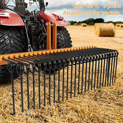 Garvee 72 Inch 3 Point Tractor Rake, Pine Straw Needle Rake | Steel Spring Landscape Rakes Durable Powder Coated Fit for Cat0,Cat1,Cat3 Tractors, Orange