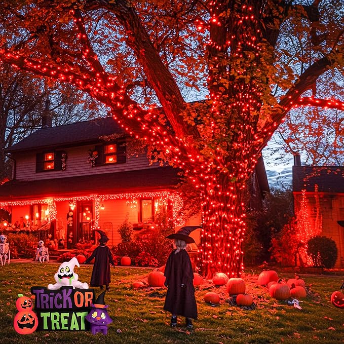 JMEXSUSS 2 Pack Solar Halloween Lights Outdoor, Total 400 LED 151FT, Red | Outdoor Waterproof, 8 Modes Solar Christmas String Lights for Outside Patio Yard Garden Tree Christmas Halloween Decorations