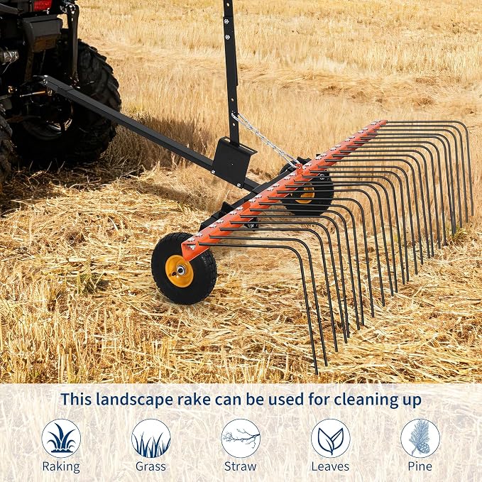 60 Inch Tow Behind Lawn Dethatcher, Tow Behind Steel Pine Straw Rake | with 24 Durable Spring Steel Tines for ATV or Mover Tractors, Designed to Pull Behind Lawn and Garden Tractors, Orange