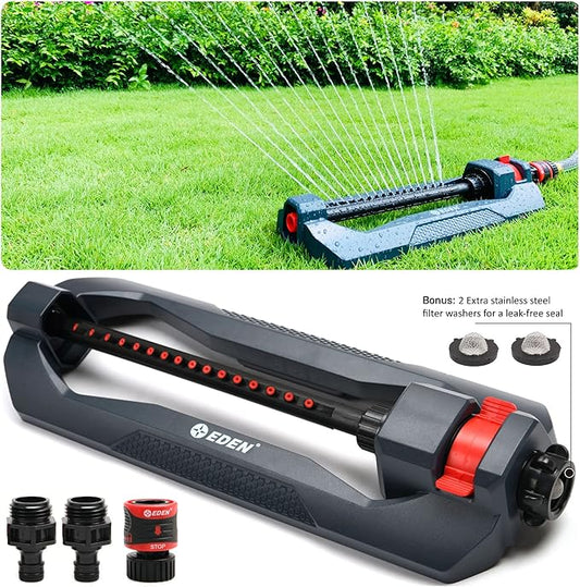 Eden 96213EDAMZ Weighted Essential Oscillating Sprinkler | Covers Up to 3,600 sq. ft., 16 Precision Nozzles, Adjustable Range, Turbo Drive Motor, Quick Connect Bundle, Stainless Steel Filters, Black