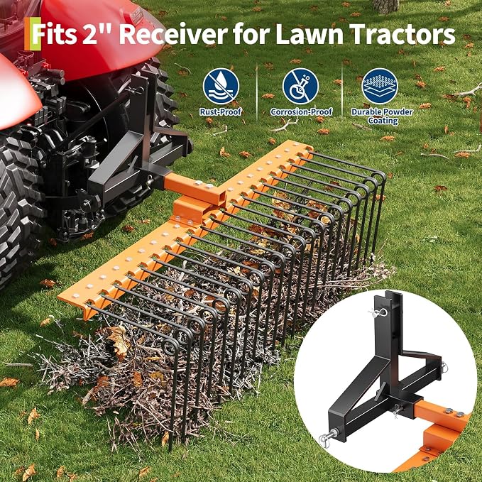Tow Behind Landscape Rake, 60" Tow Dethatcher with 21 Steel Tines, Lawn Dethatcher Rake Attaches to Category 1, 3 Point Hitch for Tractor, for Leaves, Pine Needles, Straw, and Grass