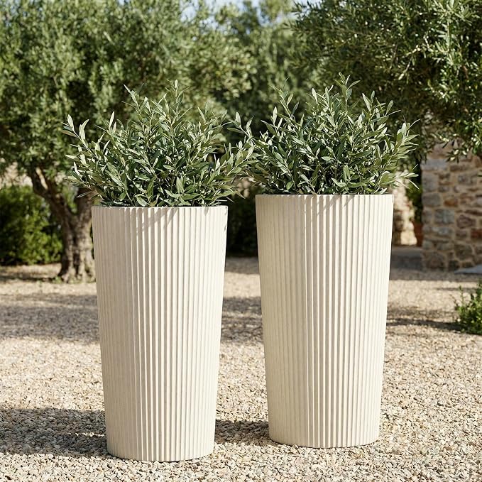24" H Tall Planters for Outdoor Plants, 2 Pack Large Outdoor Planters for Front Porch Decor with Drainage Hole, Plastic Striped Flower Pots Fits Indoor Plants Patio Garden, Black