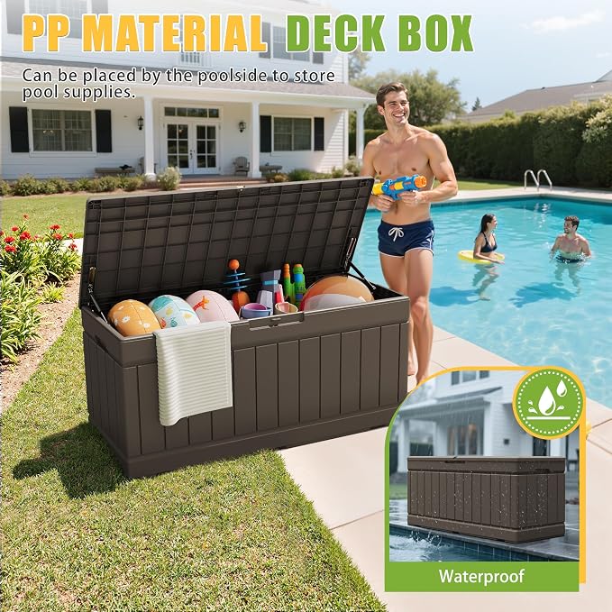 Greesum Outdoor Storage Box 82 Gallon Storage Bin with Lid for Patio Furniture, Garden Tools, Pool Supplies, Waterproof and UV Resistant, Lockable, Dark Brown