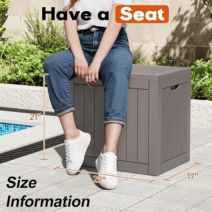 Outdoor Storage Box, Resin Deck Boxes Indoor and outdoor, Waterproof Storage Box Lockable Lid (Grey,32 Gallon)