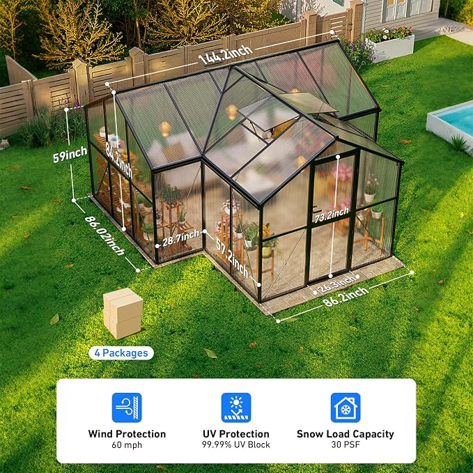 12X12FT Enhanced Aluminum Large Greenhouse for Outdoors with Thermometers | Easy Assembly, UV-Resistant Panel, Rain Gutter, Lockable Sliding Door, Built-in Reinforcement, For Vegetable, Flower and Herb