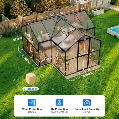 12X12FT Enhanced Aluminum Large Greenhouse for Outdoors with Thermometers | Easy Assembly, UV-Resistant Panel, Rain Gutter, Lockable Sliding Door, Built-in Reinforcement, For Vegetable, Flower and Herb