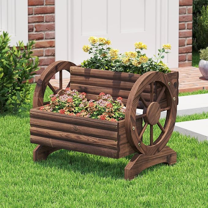 Wooden Wagon Planter Cute Garden Flower Pots Cart with wheels, Outdoor Decoration decor Indoor, Drainage hole, Garden decor for succulents herbs veggies for porch patio balcony (Carbonized, Medium)