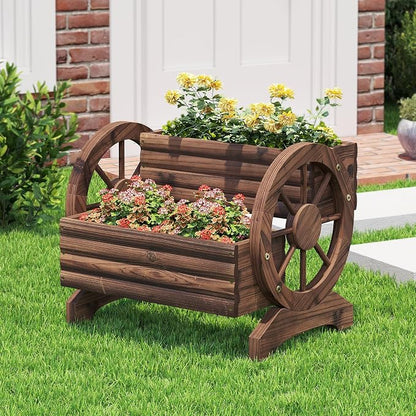 Wooden Wagon Planter Cute Garden Flower Pots Cart with wheels, Outdoor Decoration decor Indoor, Drainage hole, Garden decor for succulents herbs veggies for porch patio balcony (Carbonized, Medium)