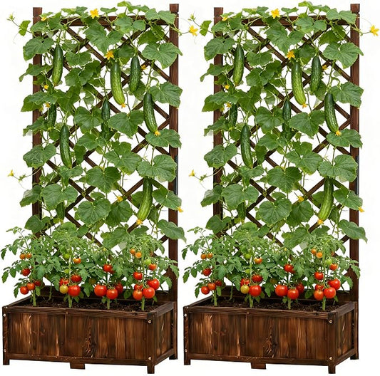 Anraja Raised Garden Bed with Trellis Wooden Flower Standing Planter Box Set of 2 Outdoor Wood Compact Lattice Panels Privacy Screen for Climbing Plant Patio Tomato Vegetable Herb Balcony Porch 67" H